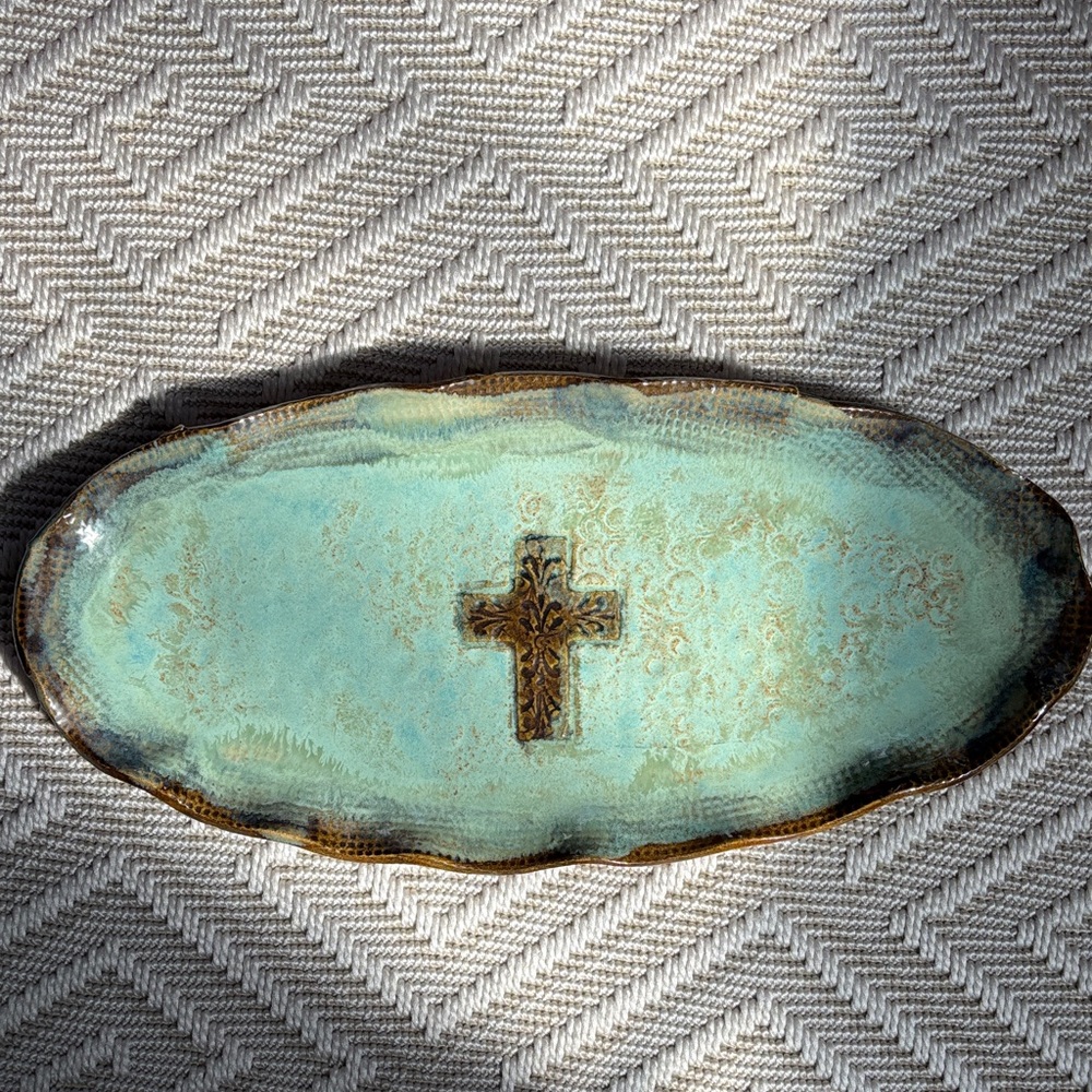 Pottery Oval Stoneware Tray Platter with Cross Design by Local Artist Art